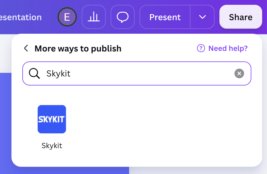 Search bar displaying 'Skykit' with options to publish and share content.